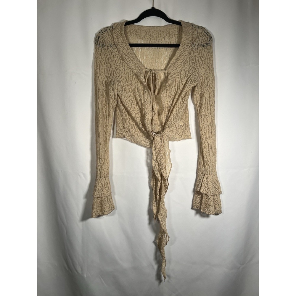 Beige Sheer Lace Bell Sleeve 2 Tie Front Top Boho Festival layering cardigan